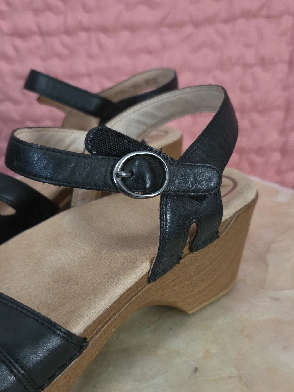 Dansko Black Leather Wedge Sandals